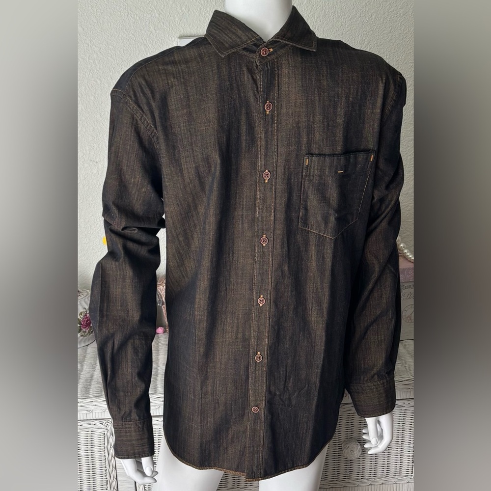 Borgo28 Shirt Casual Button Down Long Sleeves in Black/Burnt orange color Size M